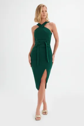 BRIELLE Bonded Satin Obi Belted Halterneck Midi Dress in Emerald Green