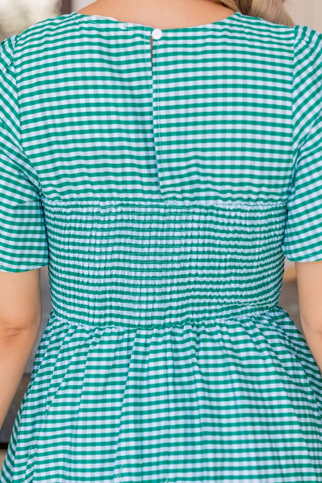Candace Shirred Midi Dress Green Gingham