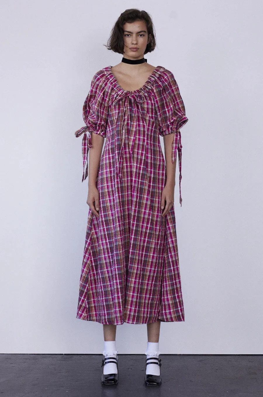 Cassandra Bow Midi Dress - Pink Plaid