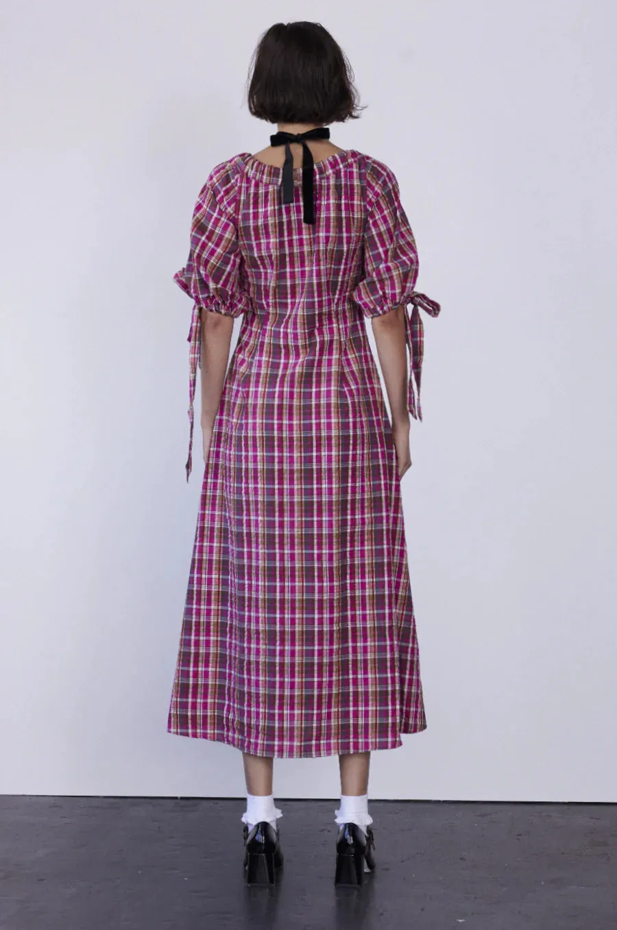 Cassandra Bow Midi Dress - Pink Plaid