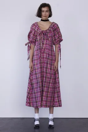 Cassandra Bow Midi Dress - Pink Plaid
