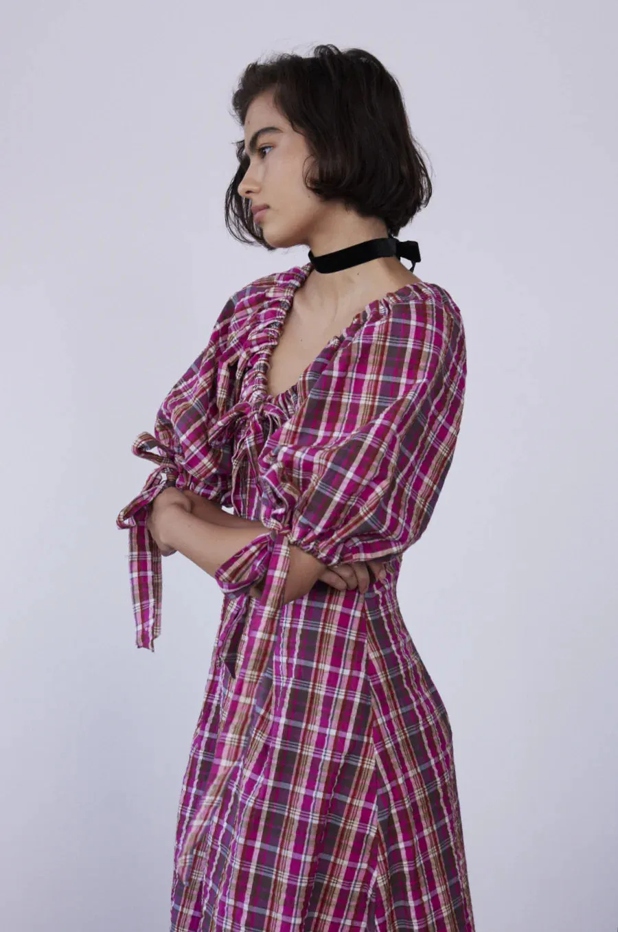 Cassandra Bow Midi Dress - Pink Plaid