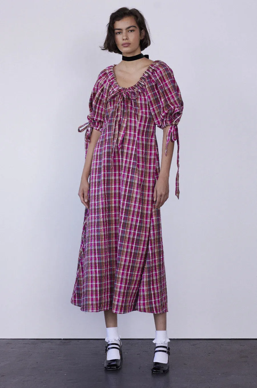 Cassandra Bow Midi Dress - Pink Plaid