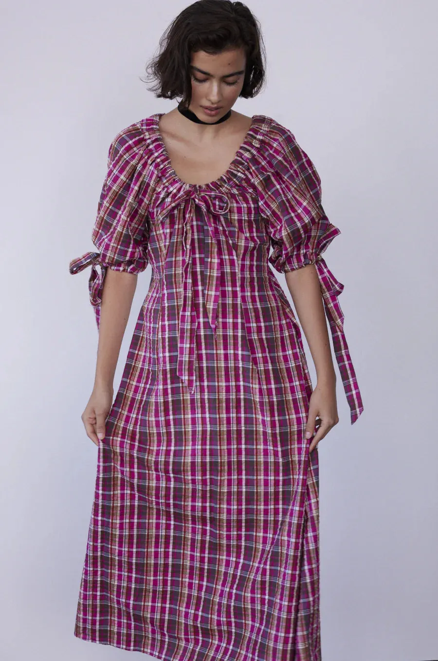 Cassandra Bow Midi Dress - Pink Plaid