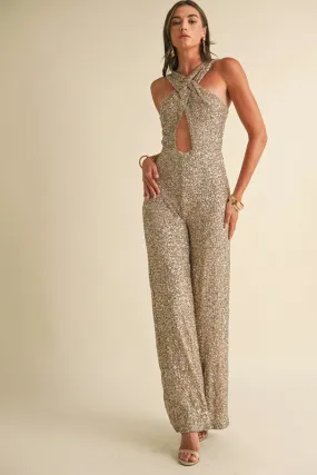 Champagne Gold Sleeveless Metallic Jumpsuit