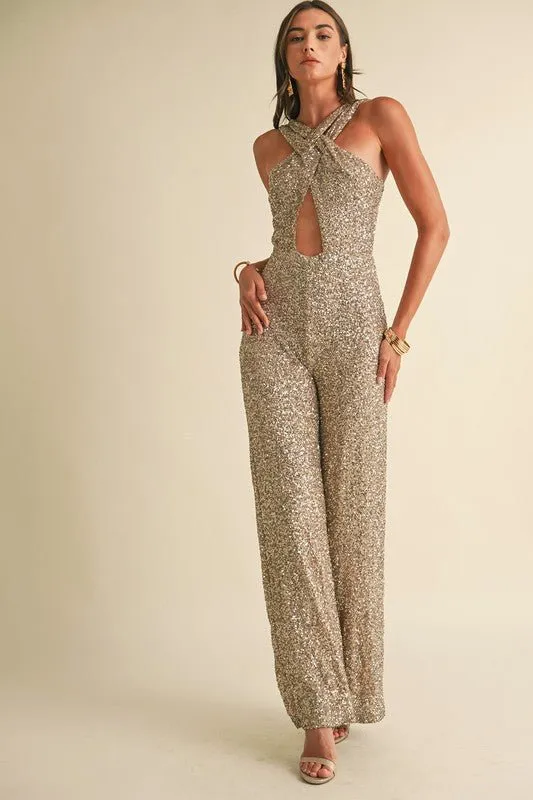 Champagne Gold Sleeveless Metallic Jumpsuit