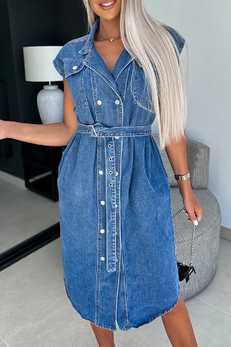 Classic Lapel Collar Buttons Down Pockets Denim Midi Dress