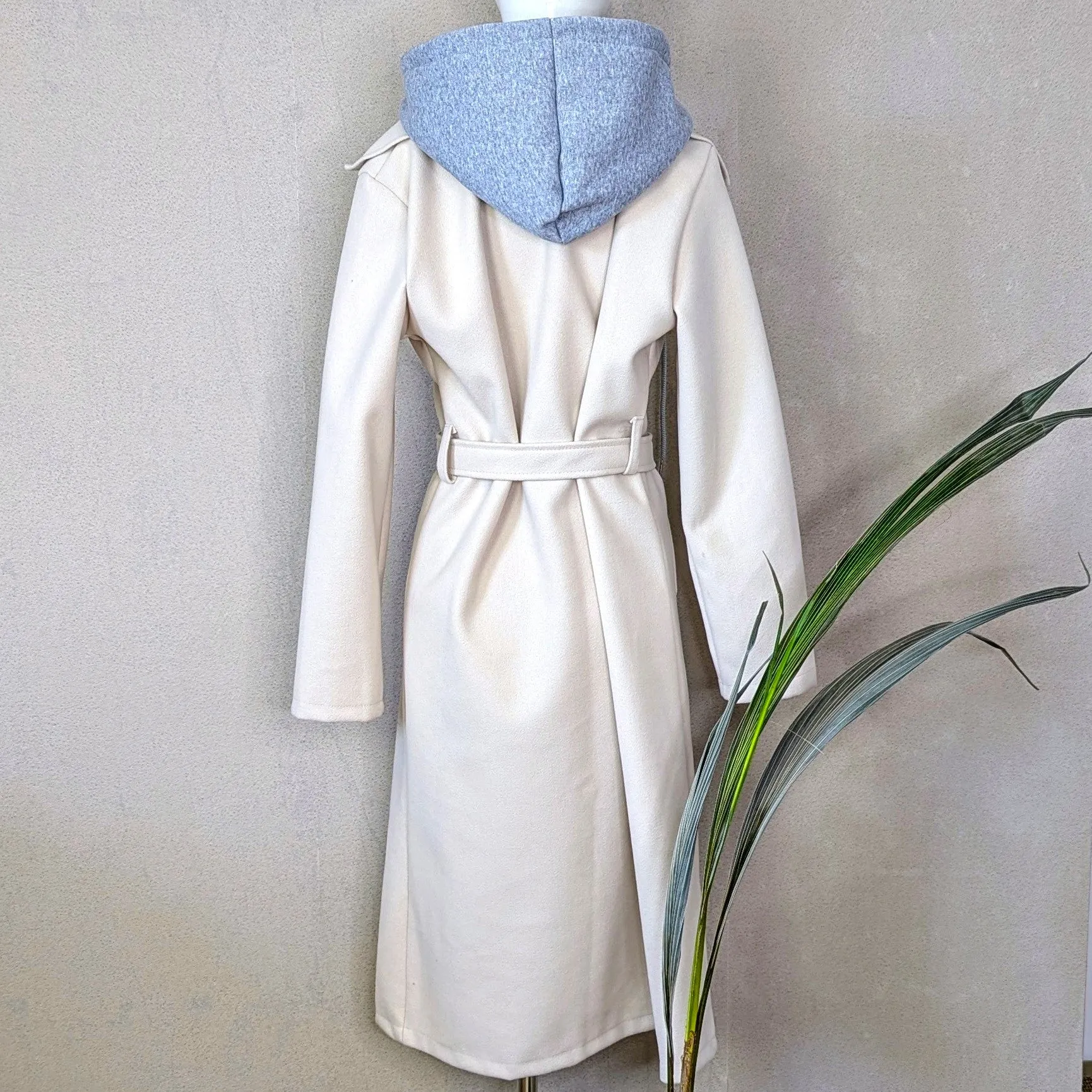Classic long mid season coat with fashionable attached hoodie element