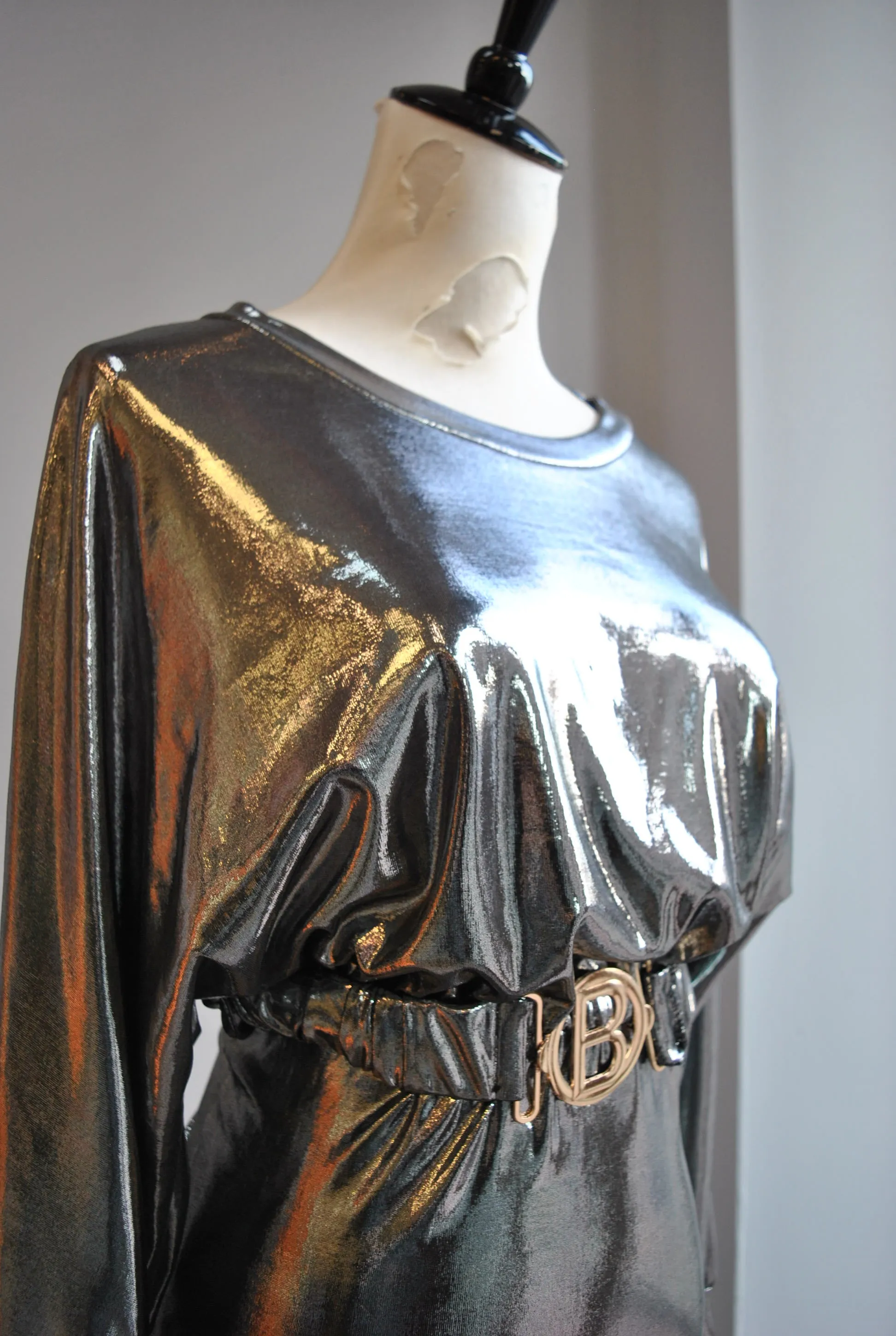 CLEARANCE - SILVER MIDI PARTY DRESS WITH A BELT