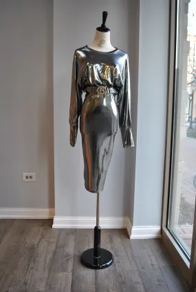 CLEARANCE - SILVER MIDI PARTY DRESS WITH A BELT