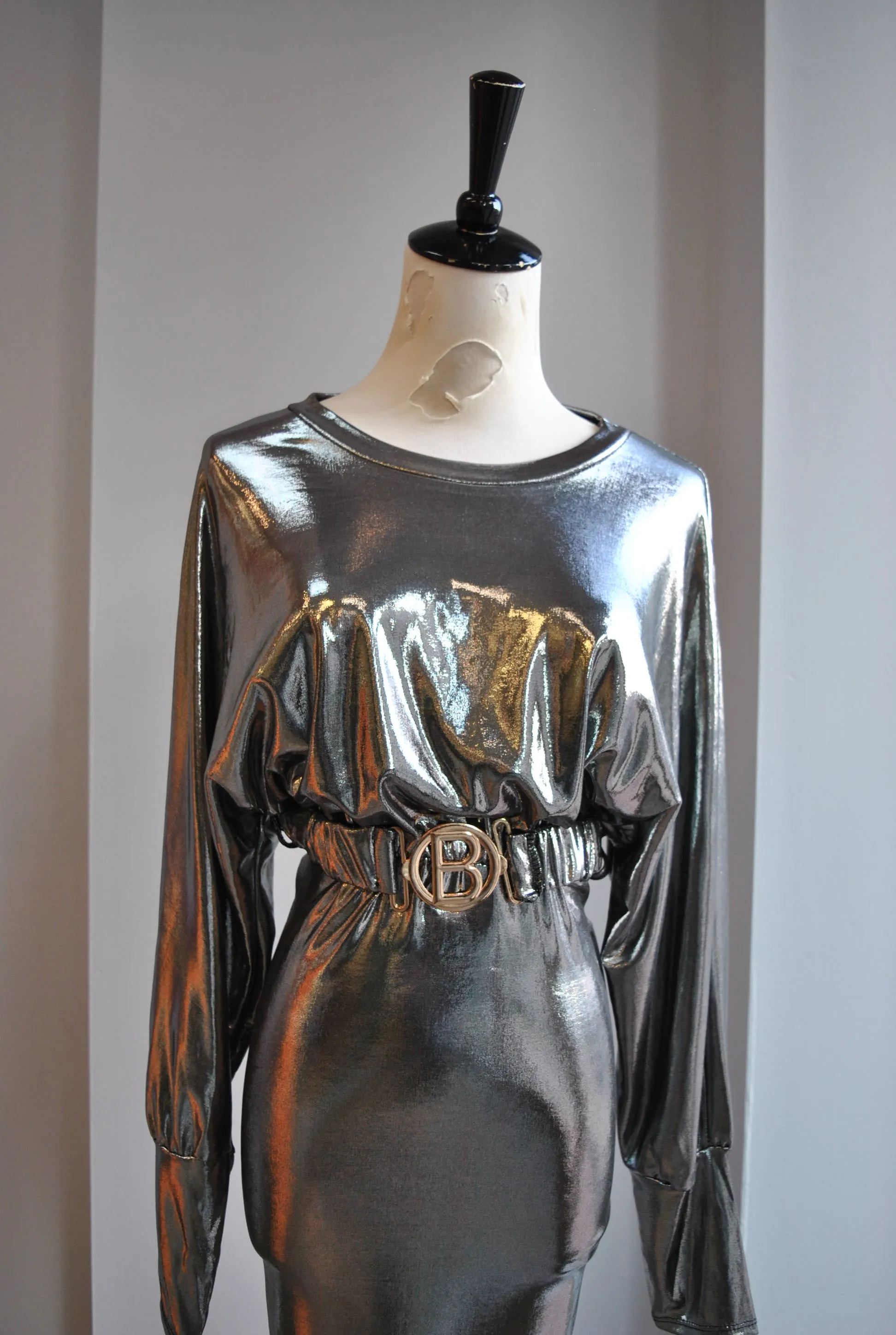 CLEARANCE - SILVER MIDI PARTY DRESS WITH A BELT