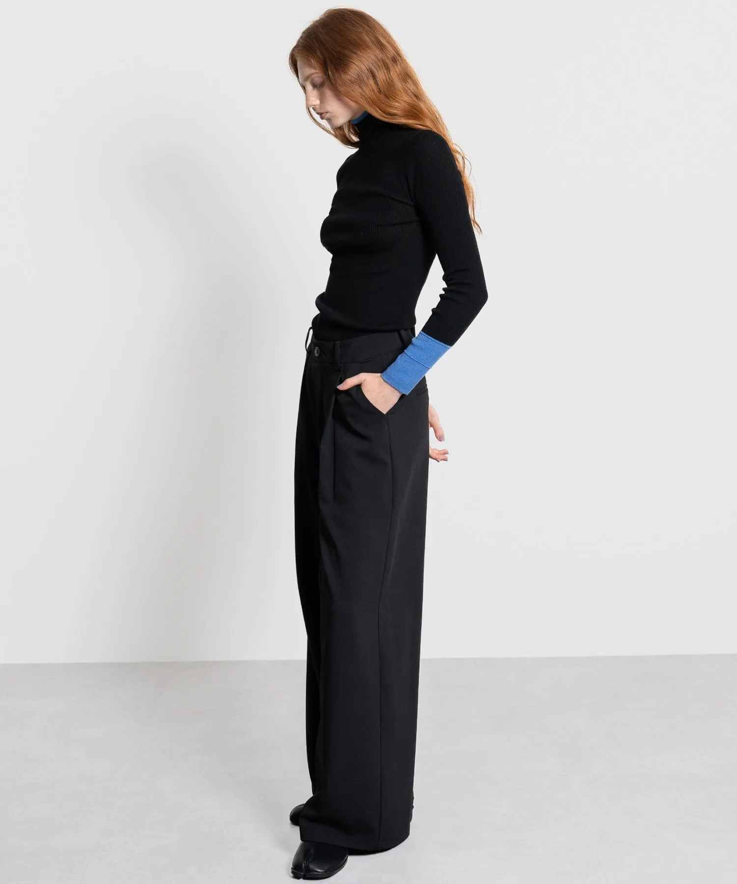 Color Block Rib Knit High Neck Wool Top