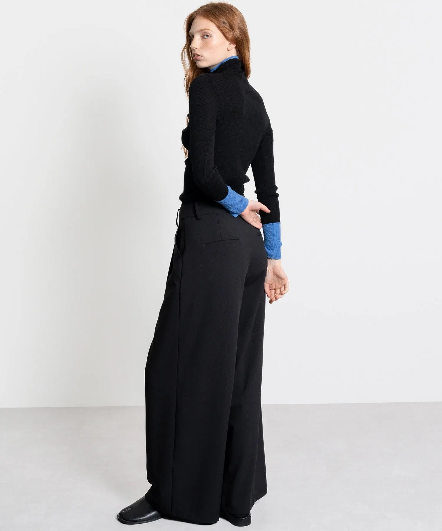 Color Block Rib Knit High Neck Wool Top
