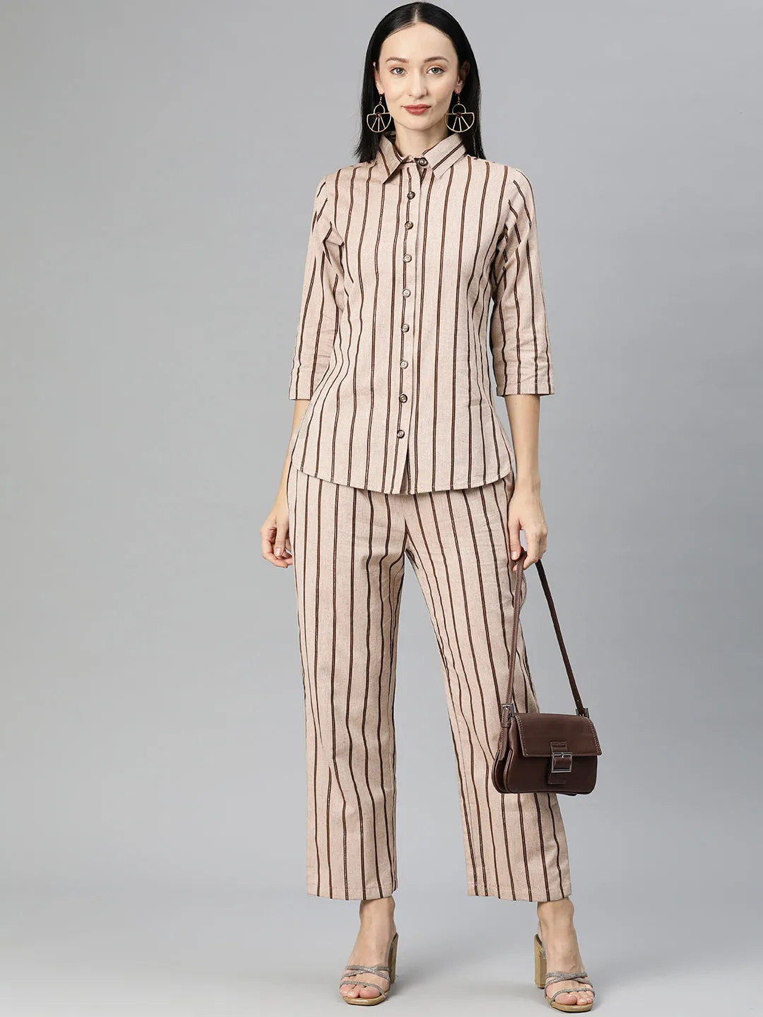 Cottinfab Women Brown Striped Shirt Top with Trousers