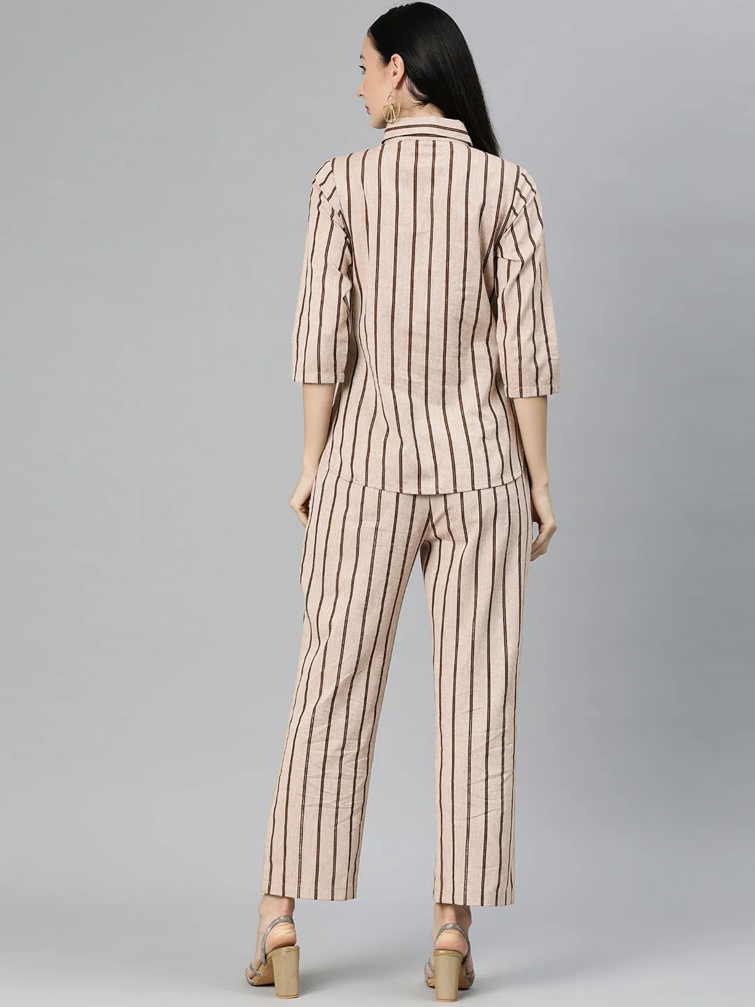 Cottinfab Women Brown Striped Shirt Top with Trousers