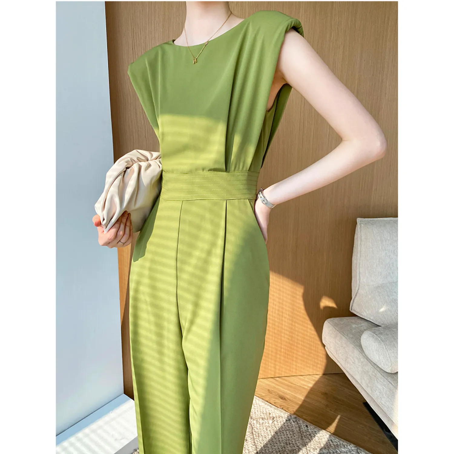 Crew Neck Sleeveless Jumpsuit With Padded Shoulders - Olive Green