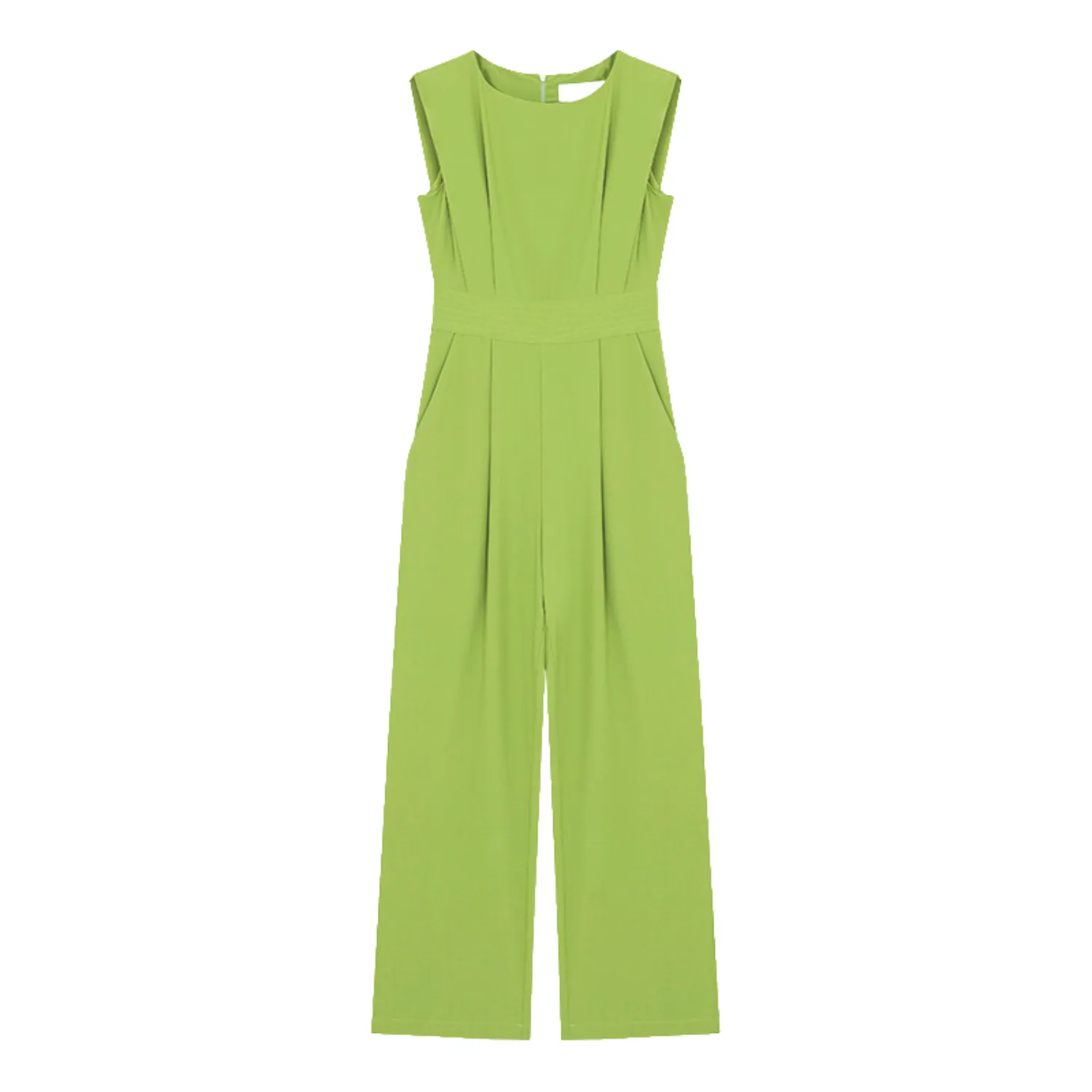 Crew Neck Sleeveless Jumpsuit With Padded Shoulders - Olive Green