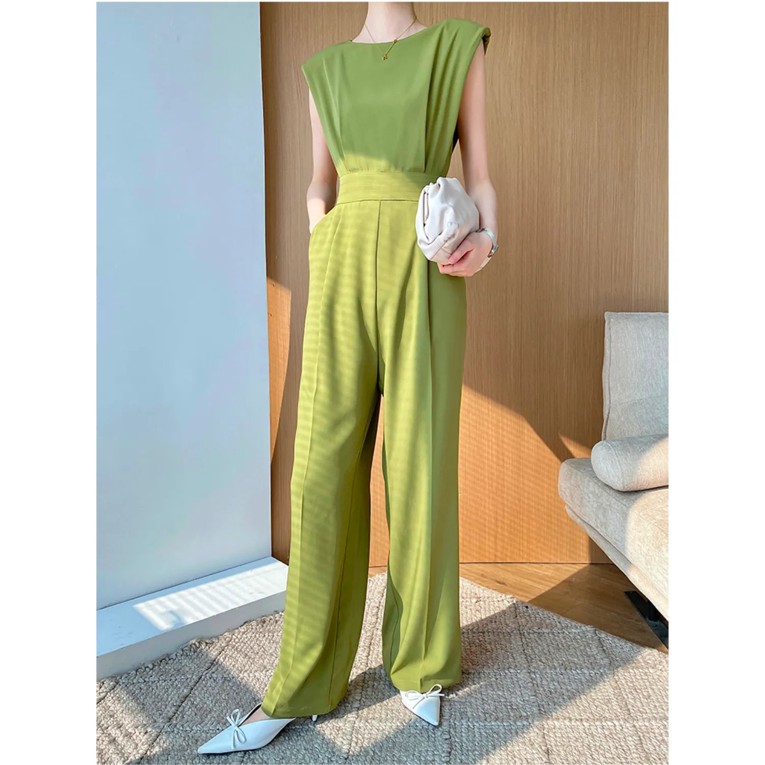 Crew Neck Sleeveless Jumpsuit With Padded Shoulders - Olive Green