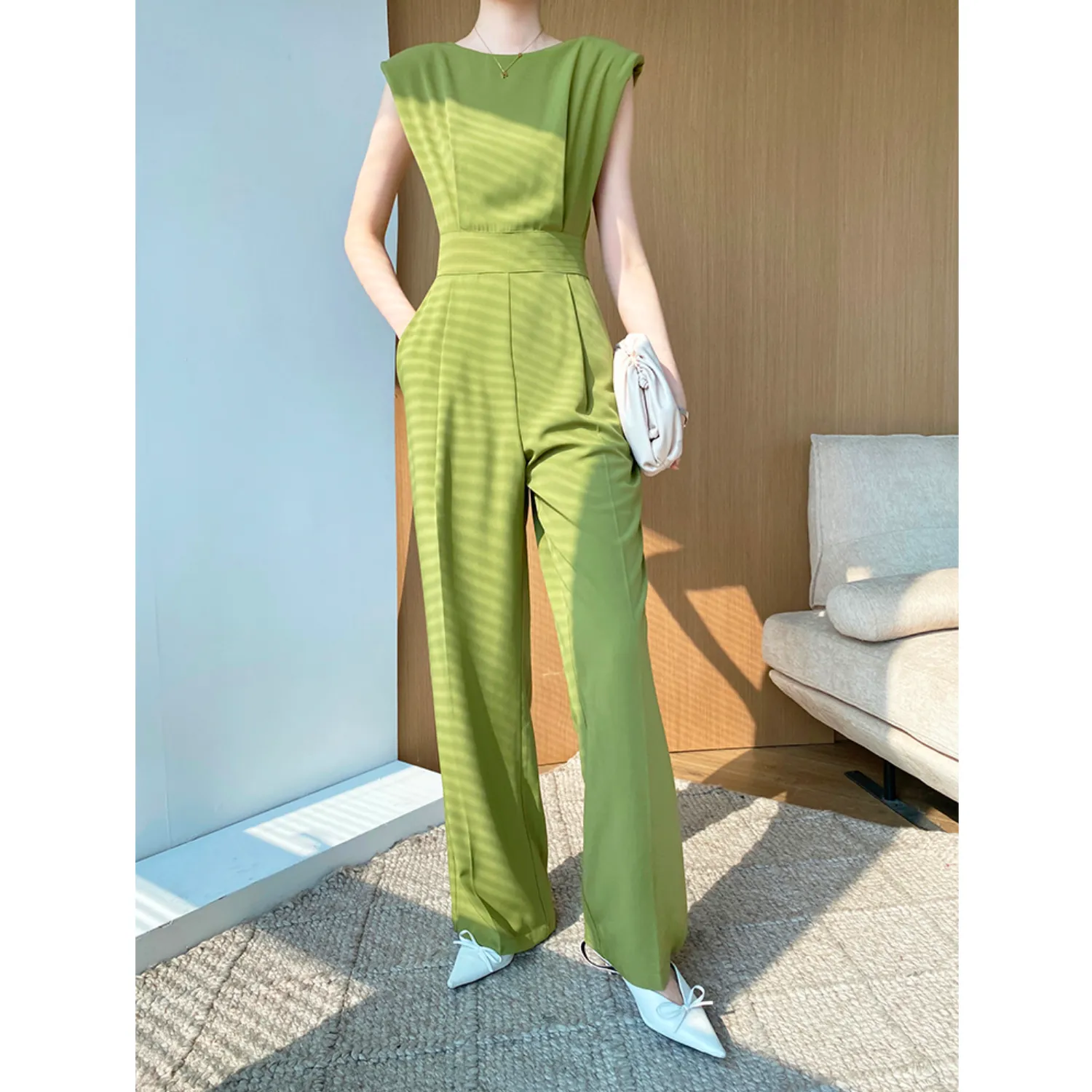 Crew Neck Sleeveless Jumpsuit With Padded Shoulders - Olive Green