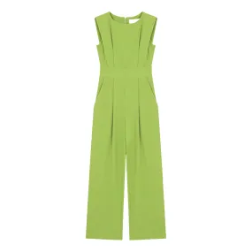 Crew Neck Sleeveless Jumpsuit With Padded Shoulders - Olive Green