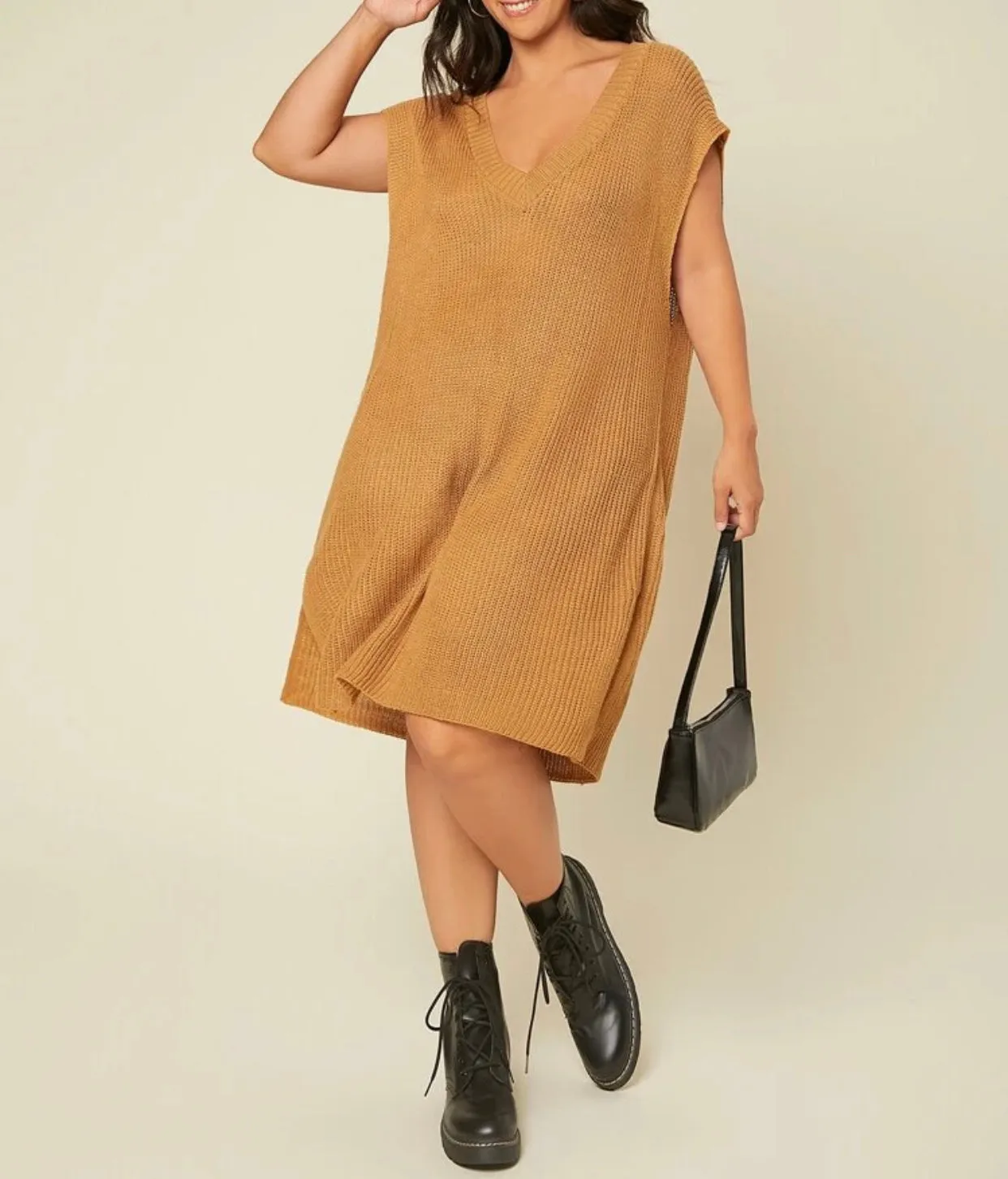 Curve and plus basics deep V neck split hem longline knit dress