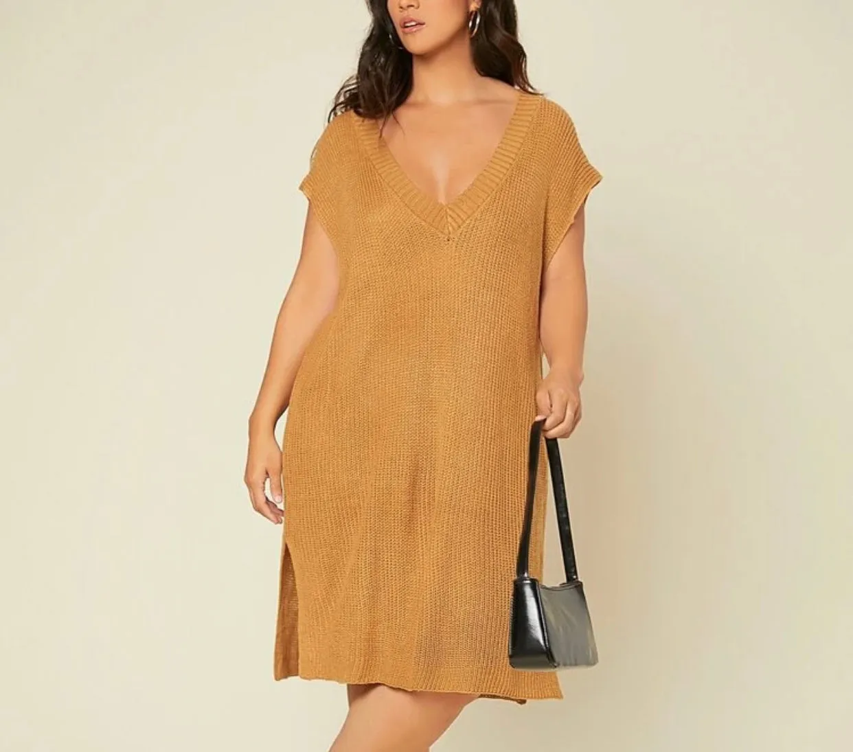 Curve and plus basics deep V neck split hem longline knit dress