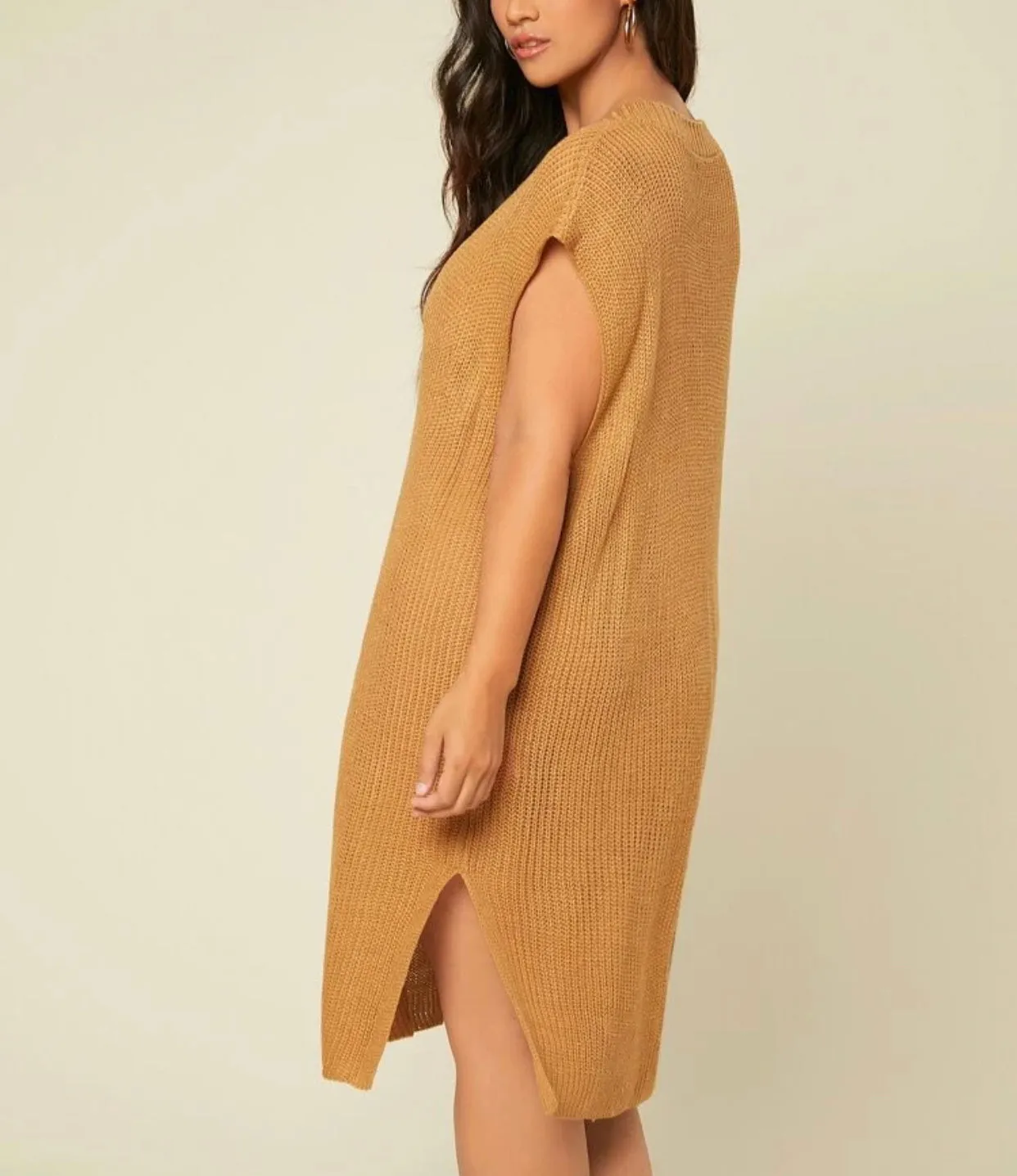 Curve and plus basics deep V neck split hem longline knit dress