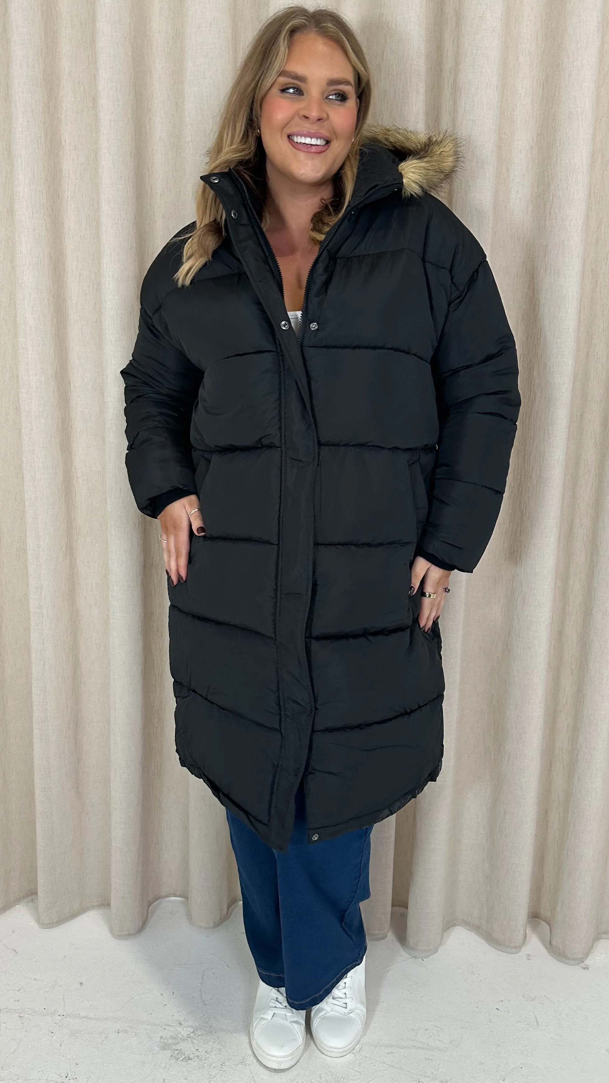 CurveWow Longline Faux Fur Hood Parka Coat Black