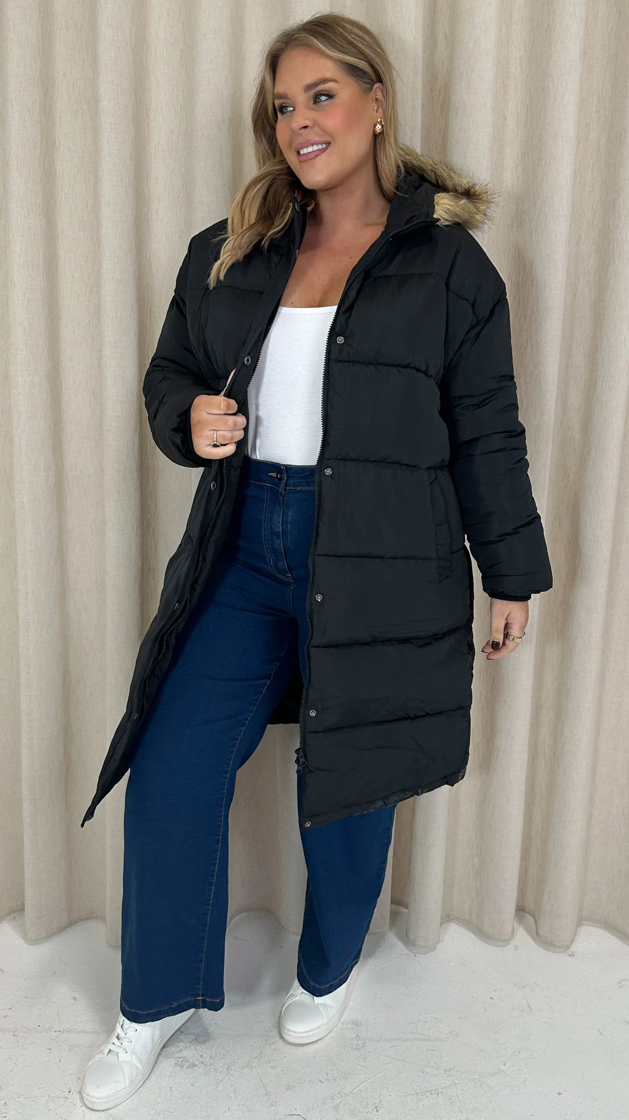 CurveWow Longline Faux Fur Hood Parka Coat Black