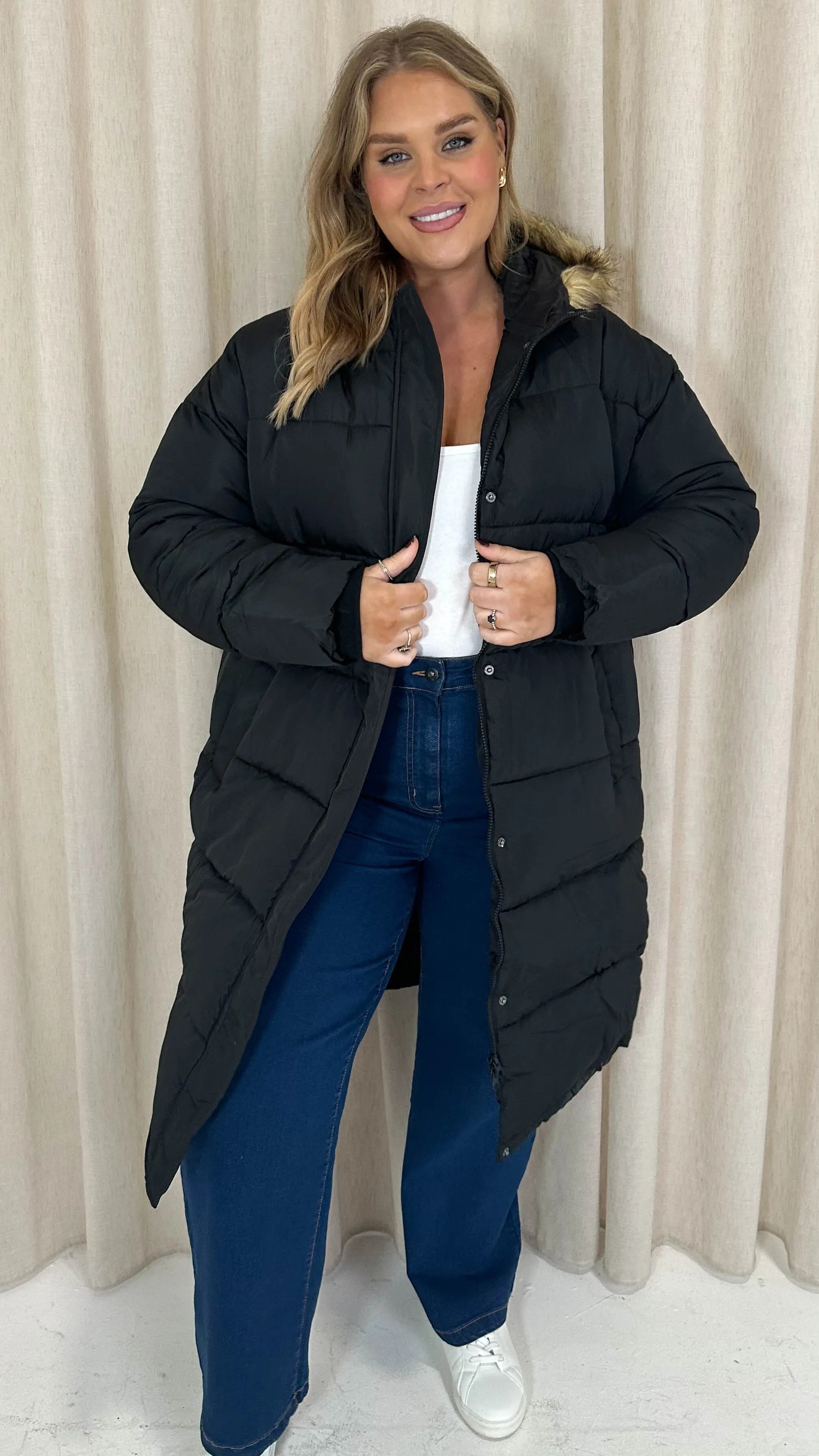 CurveWow Longline Faux Fur Hood Parka Coat Black