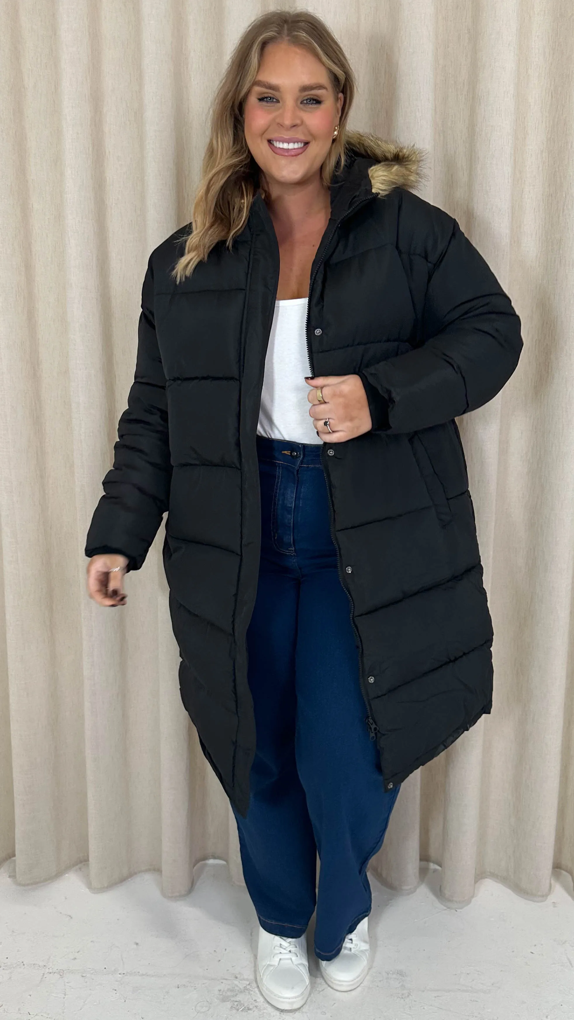 CurveWow Longline Faux Fur Hood Parka Coat Black