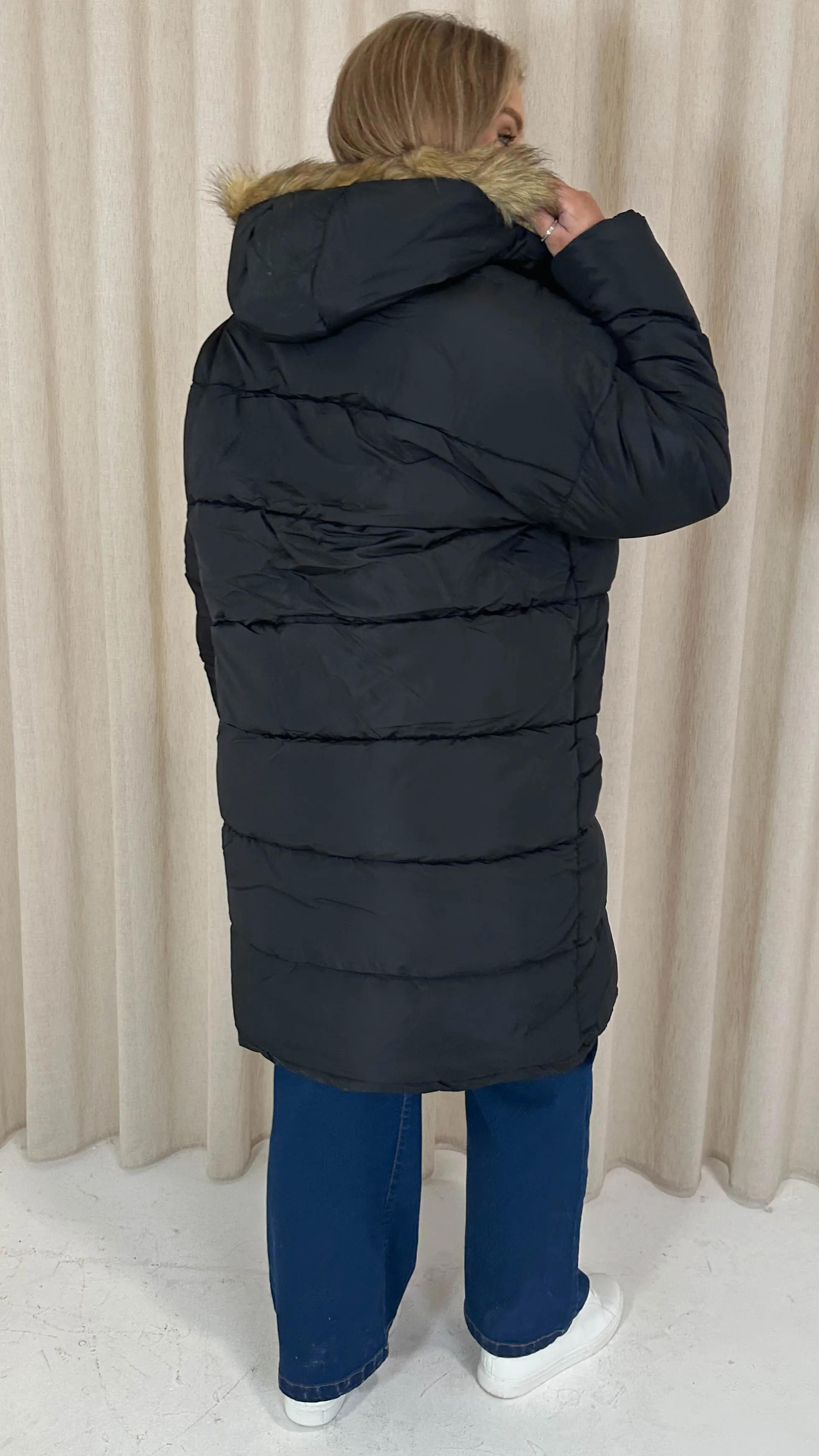 CurveWow Longline Faux Fur Hood Parka Coat Black