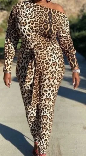Curvy Off Shoulder Leopard Jumpsuit