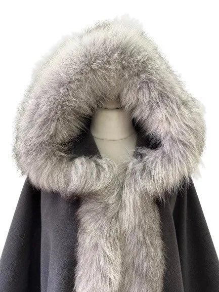 Dark Grey Women Winter Coat Cape Trim Fox Fur, Winter Women's Poncho Jacket lined, Warm Women's coat with a hood
