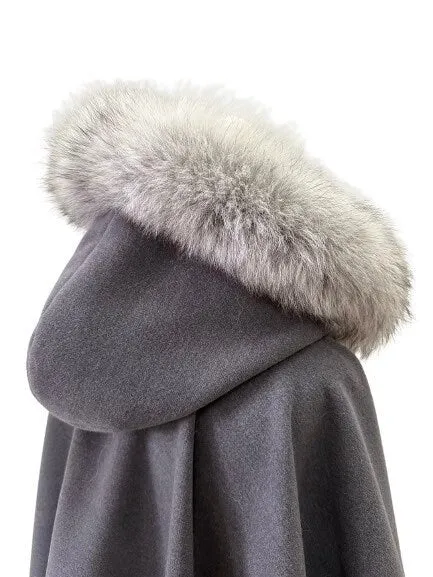 Dark Grey Women Winter Coat Cape Trim Fox Fur, Winter Women's Poncho Jacket lined, Warm Women's coat with a hood