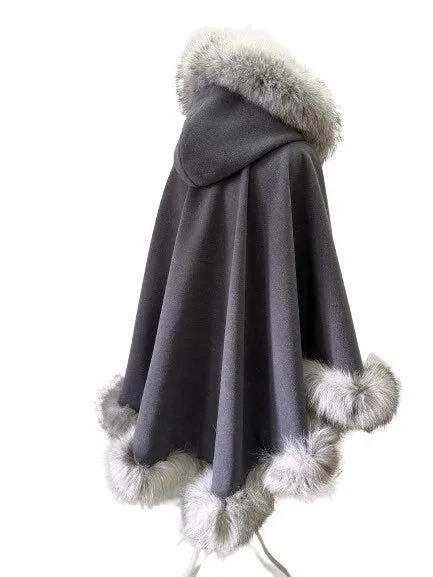 Dark Grey Women Winter Coat Cape Trim Fox Fur, Winter Women's Poncho Jacket lined, Warm Women's coat with a hood