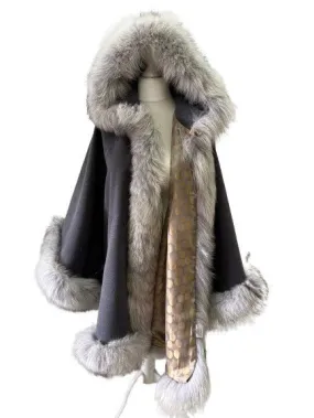 Dark Grey Women Winter Coat Cape Trim Fox Fur, Winter Women's Poncho Jacket lined, Warm Women's coat with a hood