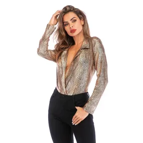 Deep V Leopard Jumpsuit Slim Long Sleeve T-shirt