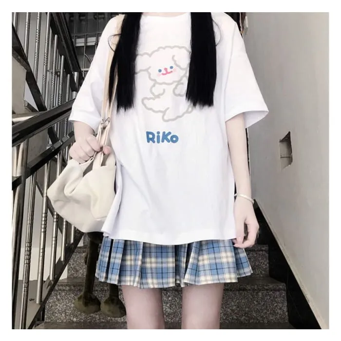 Elbow-Sleeve Crew Neck Cartoon Print T-Shirt
