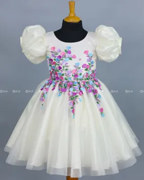 Elegant White Gown Highlighted with Handcrafted Multicolour Flowers