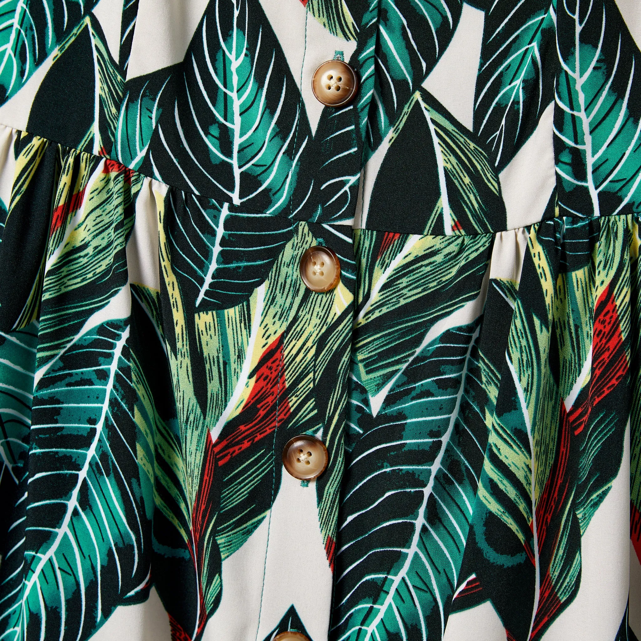 Family Matching Allover Leaf Print Shirt and Button-Front Strap Dress Sets