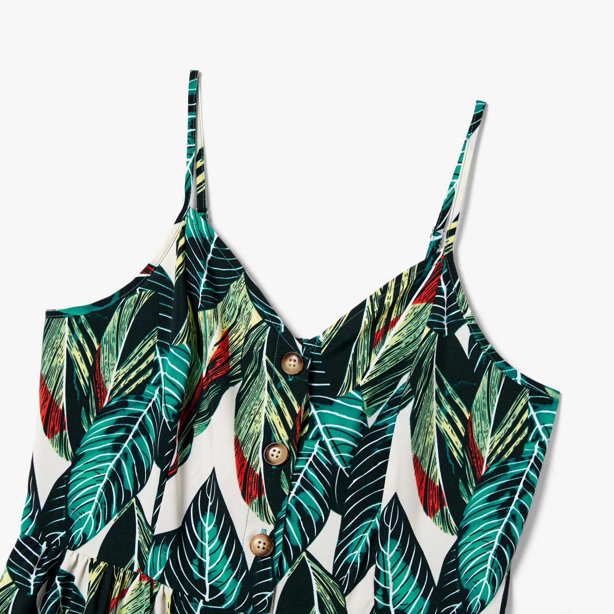 Family Matching Allover Leaf Print Shirt and Button-Front Strap Dress Sets