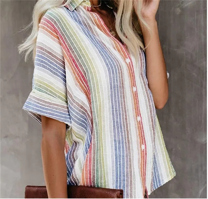 Fashion Casual Color Striped Shirt Button Short Sleeve Shirt