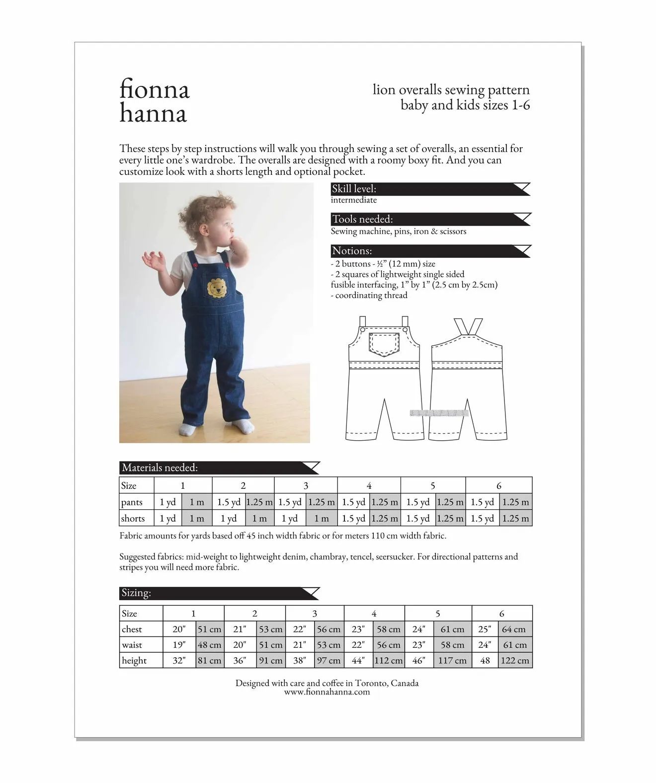 Fionna Hanna Lion Overall  Pattern, little kids sizes 1-6