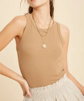 fitted rib knit high neck tank top - camel