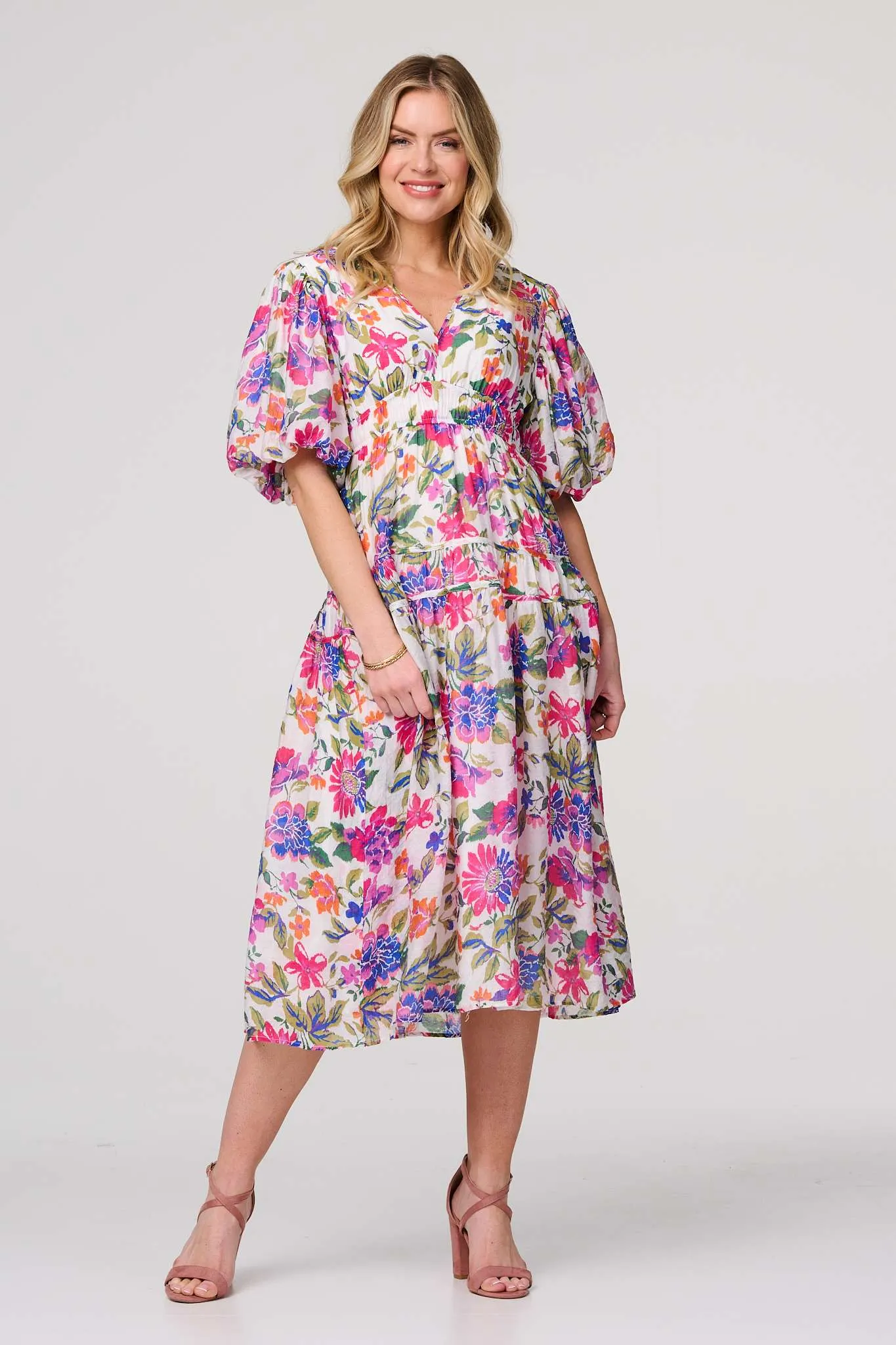 Floral 1/2 Puff Sleeve Midi Dress