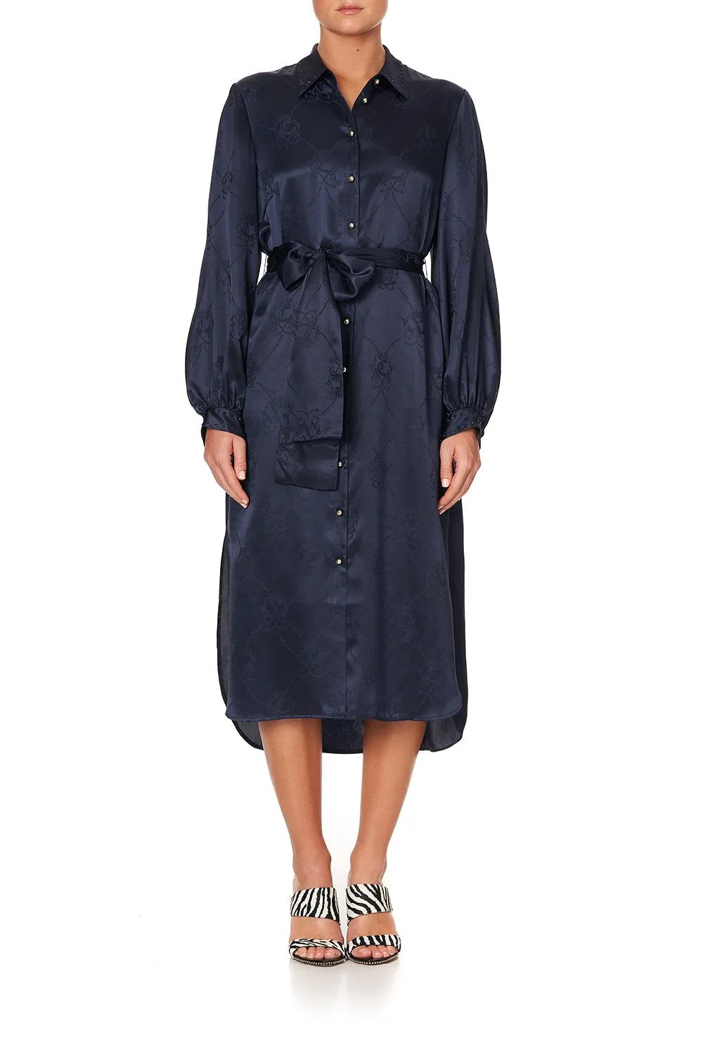 HIGH LOW MIDI SHIRT DRESS SOLID NAVY