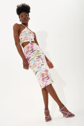 House Of Holland Printed Jersey Midi Dress With Knot Front And Cut Out And Tied Neck