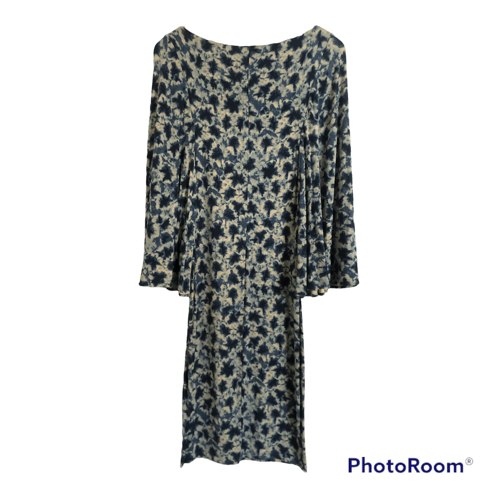 Isabel de Pedro Stretch Jersey Bell Sleeve Midi Dress Blue / Cream Print UK Size 6