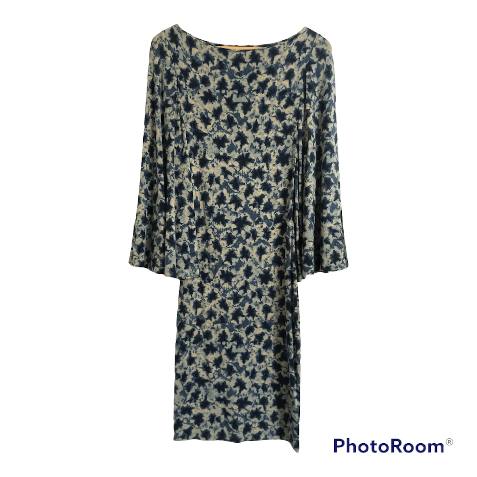 Isabel de Pedro Stretch Jersey Bell Sleeve Midi Dress Blue / Cream Print UK Size 6